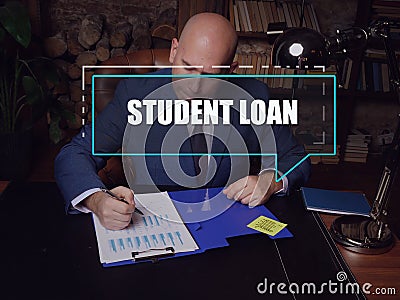 STUDENT LOAN text in block of quotes. Businessman doing paperwork StudentÂ debt are funds that are owed on aÂ loanÂ taken out to Stock Photo
